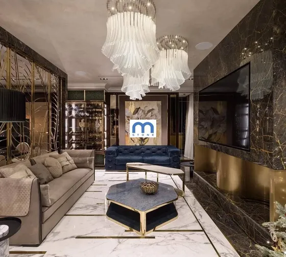 Вітальня з мармуровою підлогою і панно