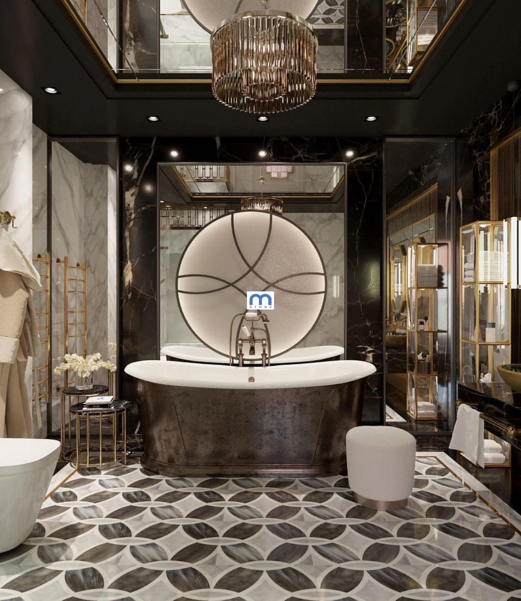 Ванна з мармуру з круглим панно і візерунчастою підлогою